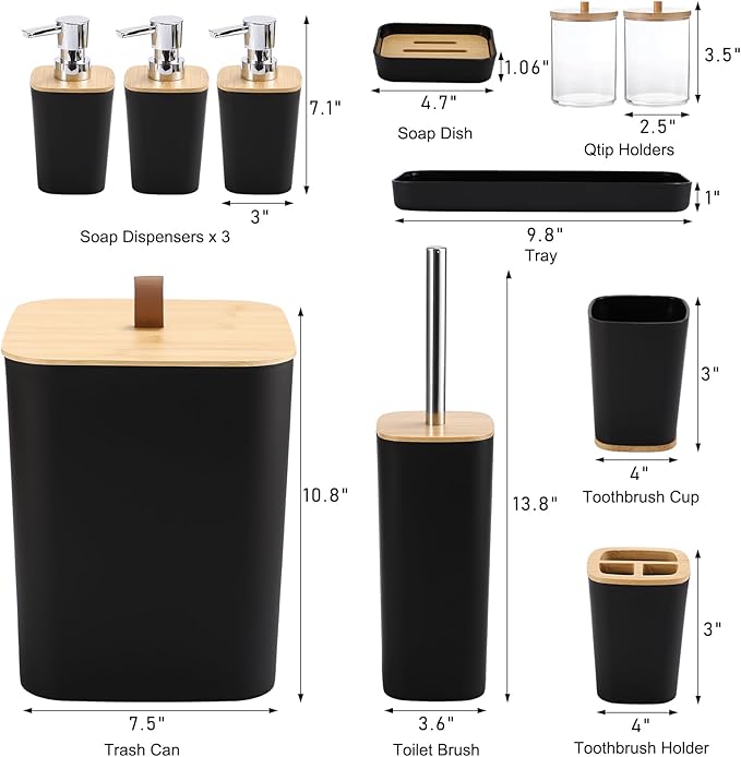 Black Bathroom Accessories, Bathroom Accessories Set with Trash Can, Soap Dispenser, Toothbrush Holder, Toothbrush Cup, Soap Dish, Toilet Brush, Tray and Q-tip Holders for Housewarming