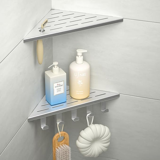 10‘’ Corner Shower Shelf, 304 Stainless Steel Shelves for Bathroom, Grout in Shelf with Hooks for Tiled Wall (Brushed)