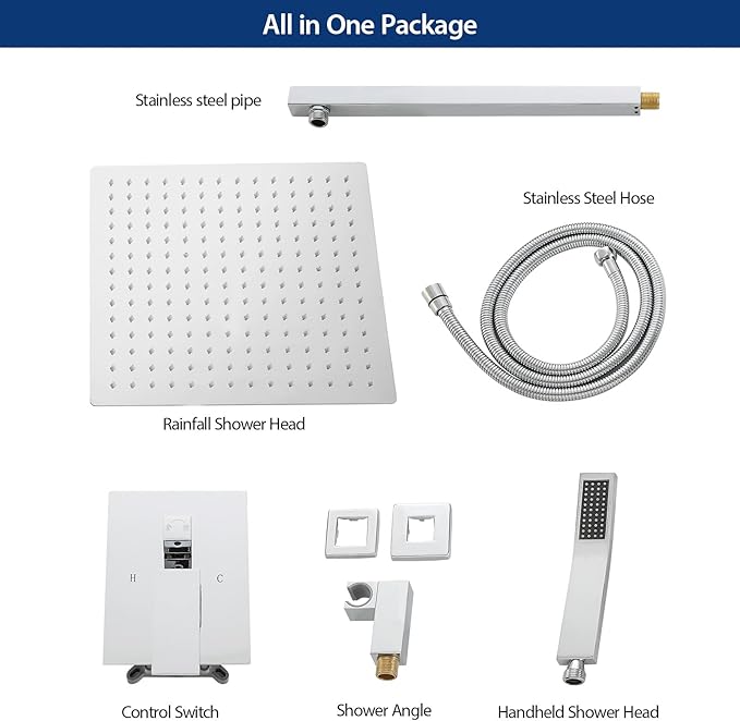 Sarlai Shower Faucet Set Bathroom Square Rainfall Shower Head and Handle Combo Wall Mounted Shower Faucet with Valve 12 Inch Shower Head Trim Systems Chrome