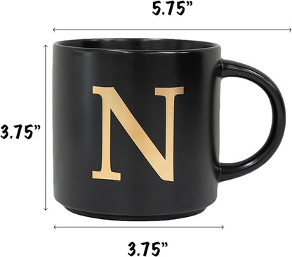 COLLECTIVE HOME - Monogram Ceramic Mugs, 15 oz Golden Initial Black Coffee Cups, Elegant Alphabet Tea Mugs, Elegant Personalized Mug with Gift Box, Unique Mug with Double Side Capital Lette (N)