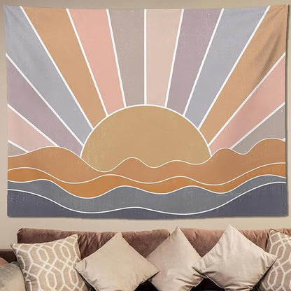 keowhsf Boho Sun Mountain Tapestry Wall Hanging - Retro 70s Vintage Rainbow Sunrise Sunset Design, Abstract Geometric Hippie Art Tapestry for Bedroom, Living Room & Dorm Decor