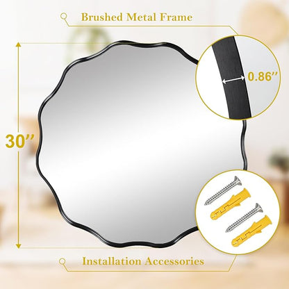 Fabuady Black Round Wavy Edge Mirror - 30'' Circle Wall Mirror with Metal Frame, Decorative Hanging/Leaning Mirror for Bathroom, Bedroom, Living Room, Hallway, Entryway, Office, Home Decor