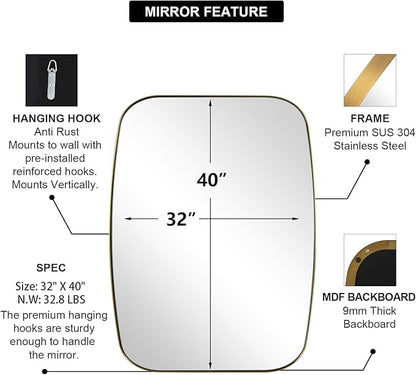 ANDY STAR Gold Oblong Mirror, 32x40 Inch Gold Oval Mirror for Bathroom with Stainless Steel Metal Frame, Wall Mouned for Bathroom, Living Room, Entryway