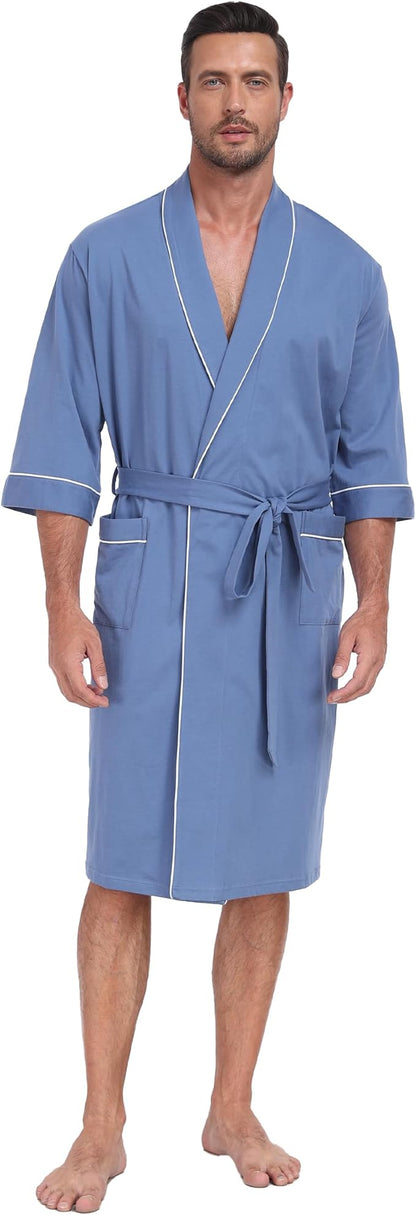 CF Men's Robe Cotton Bathrobe Soft Short Sleeve Bath Robes Shower Robe for Spa Soft Kimono Lightweight Sleepwear with Pockets