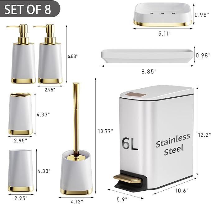 Bathroom Accessories Set- 8PC White Bathroom Set, Luxury Bathroom Set with Stainless Steel Bathroom Trash Can, Toilet Brush, Toothbrush Holder & Soap Dispenser