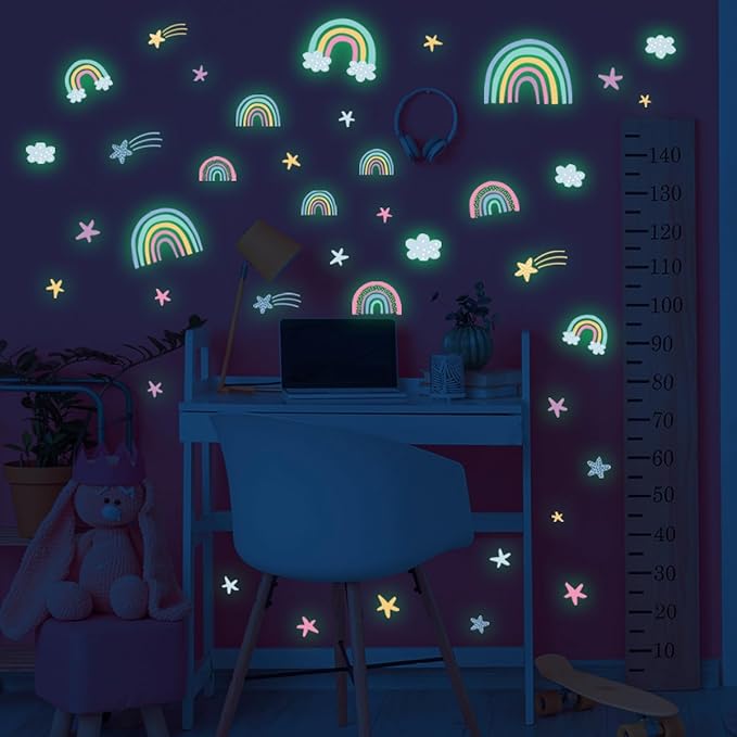 Quanhaigou Rainbow Clouds Stars Glow in The Dark Wall Stickers DIY Home Decor for Kid Boys Girl Bedroom Bathroom Decorations