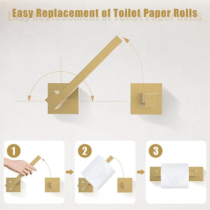 TQKAG Brushed Gold Bathroom Hardware Accessories Set 5 Pieces, Double Post Pivoting Toilet Paper Holder Set Stainless Steel Square Bathroom Towel Bar Holder Set Wall Mounted