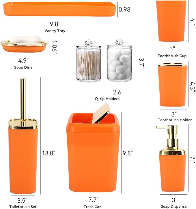 Orange Bathroom Accessories Set, Orange and Gold Bathroom Accessories with Trash Can, Soap Dispenser, Soap Dish, Toothbrush Holder and Q-tip Holders