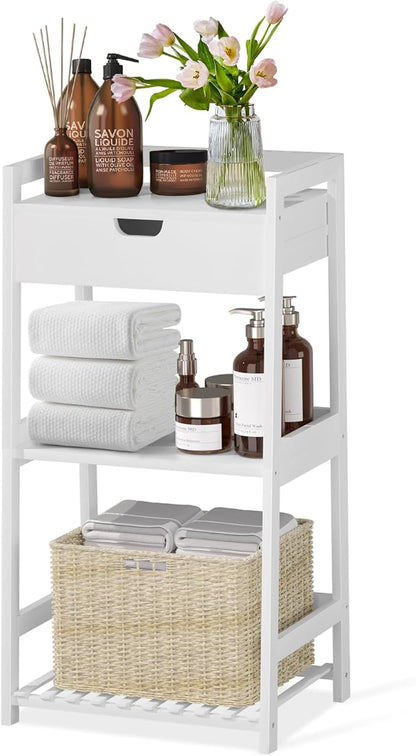 3 Tier Bamboo Bathroom Shelves with Drawer, Ladder Shelf for Bathroom Storage, Space-Saving Design, Stylish Display Nightstand, Stylish Storage Solution for Home, Living Room, Kitchen, Office