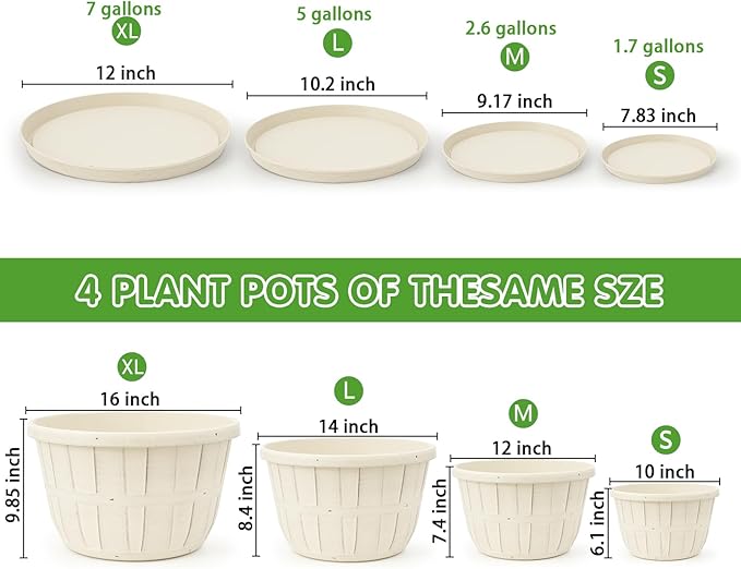 Quarut 12 Inch Large Planter Pot for Plants Indoor Outdoor, 4 Pack Plastic Flower Pots with Drainage Hole & Tray, Modern Decorative Garden Pot with Saucer, Plant Container for House（White）