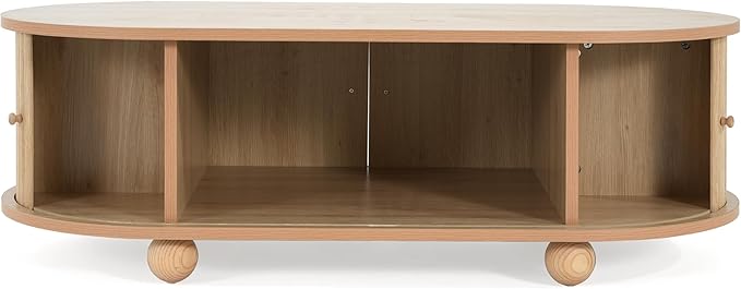 Oval Coffee Table with Storage for Living Room, Retro Charm Wooden Fluted Center Table, 47.24" Modern Classic Accordion Door Coffee Tables Dual Level Storage Side Table for Home,Office-Natural