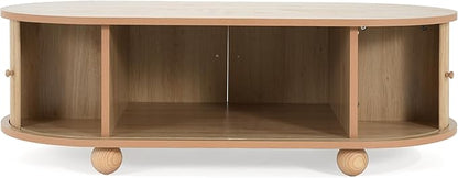 Oval Coffee Table with Storage for Living Room, Retro Charm Wooden Fluted Center Table, 47.24" Modern Classic Accordion Door Coffee Tables Dual Level Storage Side Table for Home,Office-Natural