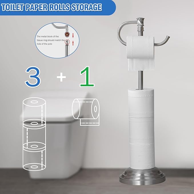 RUMOSE Toilet Paper Holder Stand for Floor, Brushed Nickel Adjustable (12.4" to 22.8") Bathroom Toilet Tissue Holder, Free Standing Toilet Paper Roll Holder with Storage, Stainless Steel