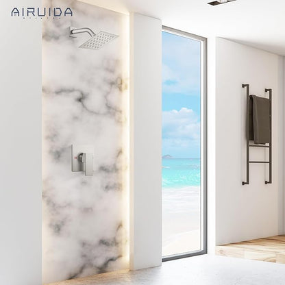 Airuida Shower Faucet Set Bathroom Rain Shower System SUS304 Stainless Steel Single Handle With Male Threads Rough-in Valve Shower Trim Kit 4 Inch Wall Mount Shower Head Brushed Nickel