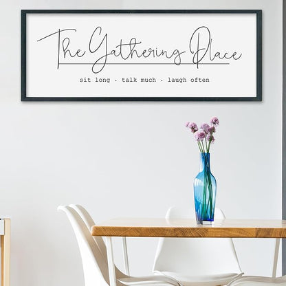 SRSZHIYUE The Gathering Place Sign Wall Decor Art 32"×12" for Large Kitchen Dining Room Wood Framed Wall Hanging (Black)