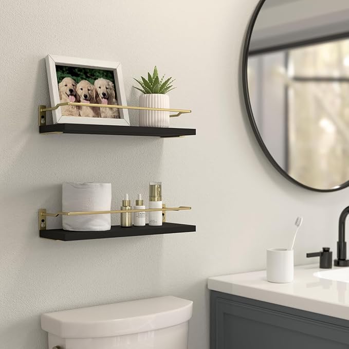 RICHER HOUSE Bathroom Floating Wall Shelf Set of 2 - Guard-Rail Small Wood Shelves for Decor, Over Toilet Storage, Kitchen Organizer - Black Gold