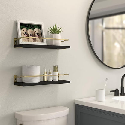 RICHER HOUSE Bathroom Floating Wall Shelf Set of 2 - Guard-Rail Small Wood Shelves for Decor, Over Toilet Storage, Kitchen Organizer - Black Gold