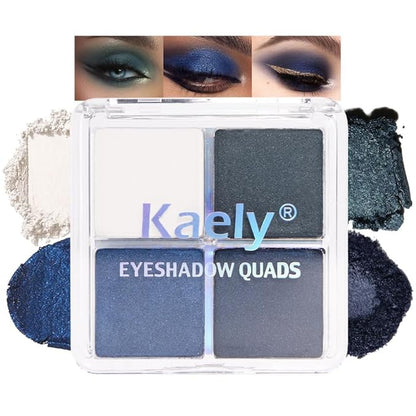 4 Colors Dark Peacock Green White Navy Sapphire Blue Eye Shadow Powder Palette Makeup, Highly Pigmented Waterproof Matte Shimmer Cream Quads Eyeshadow Palette for Women, paleta de sombras de ojos 08