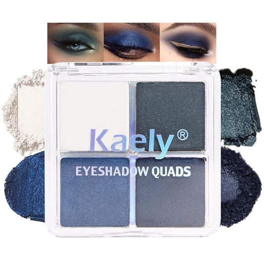 4 Colors Dark Peacock Green White Navy Sapphire Blue Eye Shadow Powder Palette Makeup, Highly Pigmented Waterproof Matte Shimmer Cream Quads Eyeshadow Palette for Women, paleta de sombras de ojos 08