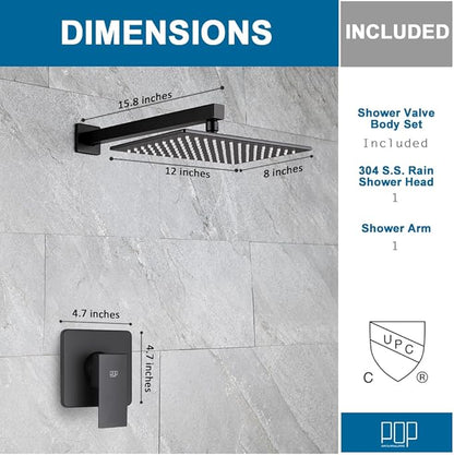 POP SANITARYWARE Black Shower Faucet Set Rainfall 12 Inch Shower Head, Wall Mounted Bathroom Shower System Single Function Shower Trim Kit with Valve, Matte Black