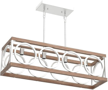 XINGQI Farmhouse Dining Room Chandeliers, Rectangle Vintage Hanging Lighting Fixtures, 4-Light Kitchen Island Lighting, Rustic Metal Chandelier Pendant Light, Antique Wood Grain XY082