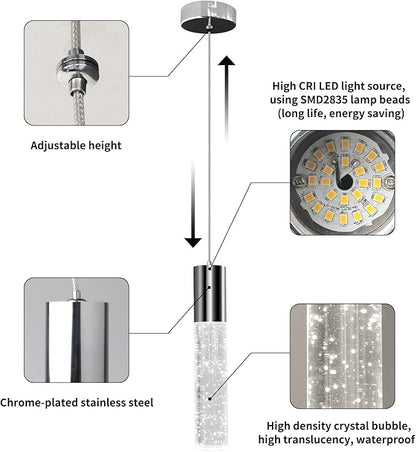 OKELI Modern Pendant Lights,LED Bubble Crystal Kitchen Island Light Fixtures,Chrome Mini Single Pendant Lighting for Kitchen Island,Bar,6W,6000K,ETL,3Pack