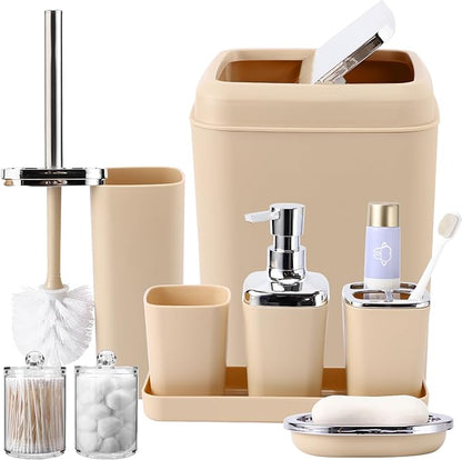 Beige Bathroom Set, Plastic 9-Piece Bathroom Set with Trash Can, Soap Dispenser, Toothbrush Holder, Toothbrush Cup, Soap Dish, Toilet Brush, Tray and Q-tip Holders for Bathroom/Housewarming