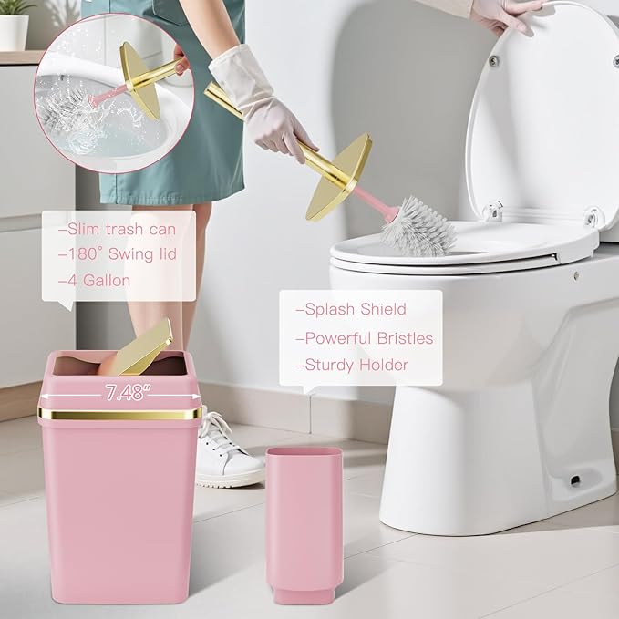 9PCS Bathroom Accessory Set, Pink Bathroom Set with Large-Capacity 4 Gallon Trash Can, Bathroom Accessories Set Complete, Toothbrush Holder, Soap Dispenser, Toilet Brush, Bathroom Decor