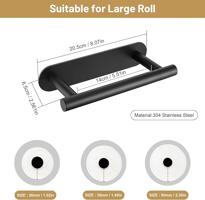 Self Adhesive Matte Black Toilet Paper Holder, SUS304 Stainless Steel Toilet Roll Holder, Double Base Paper Towel Holder Wall Mount No Drilling for Bathroom, Kitchen, Washroom