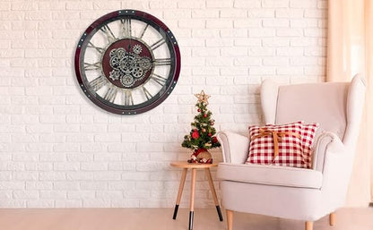 DORBOKER 24" Original Moving Gears Wall Clock, Large Industrial Wall Clock for Living Room Decor, Oversized Wood Vintage Farmhouse Steampunk Rustic Clocks for Wall Christmas Decor,Cherry Red