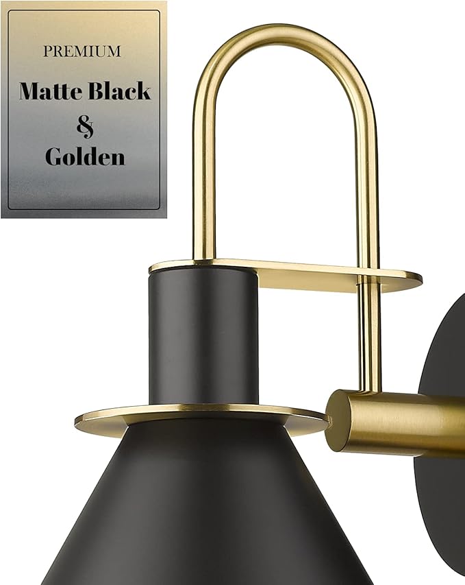 Black Wall Sconce, HWH Industrial Indoor Wall Light Fixture, Single Wall Vanity Light Gooseneck Barn Wall Sconce Lamp for Bedroom Kitchen, Black and Gold Finish, 5HZG56B-L BK+BG
