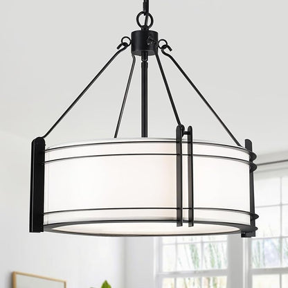 16.3''Black Drum Chandelier 3-Light Modern Farmhouse Chandelier with White Fabric Shade Adjustable Drum Pendant Light Fixture for Dining Room Kitchen Island Hallway Living Bedroom