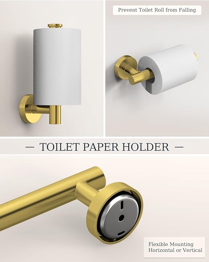 Brushed Gold Bathroom Accessories Set, SUS304 Stainless Steel 5 Pieces Bathroom Hardware Set, 26 Inch Bath Towel Bar Set, 2 Towel Hooks, Toilet Paper Holder, Towel Racks for Bathroom Wall Mounted