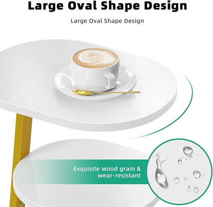 Side Table, Small End Table with Metal Frame, 3-Tier Bedside Tables, Round Side Tables for Living Room Bedroom Couch Bathroom, Oval, White