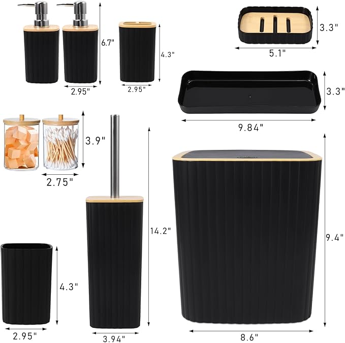 Bathroom Accessories Set - Elegant Black Bathroom Set, 10PC Bathroom Accessory Set, Toilet Brush, Trash Can, Qtip Holder Dispenser & Soap Dispenser