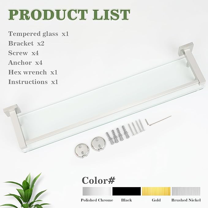 Alise Bathroom Shelf Wall Mounted, Brushed Nickel Large Capacity Glass Shelf for Bathroom, 24 inch