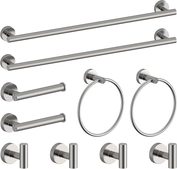 Brushed Ncikel Bathroom Hardware Set 10 Pieces, Stainless Steel Towel Bar Set Includes 26 inch Towel Bar, 4 Towel Hook, 2 Towel Ring Toilet Paper Holder
