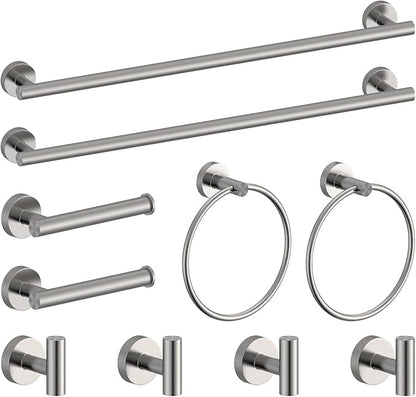 Brushed Ncikel Bathroom Hardware Set 10 Pieces, Stainless Steel Towel Bar Set Includes 26 inch Towel Bar, 4 Towel Hook, 2 Towel Ring Toilet Paper Holder