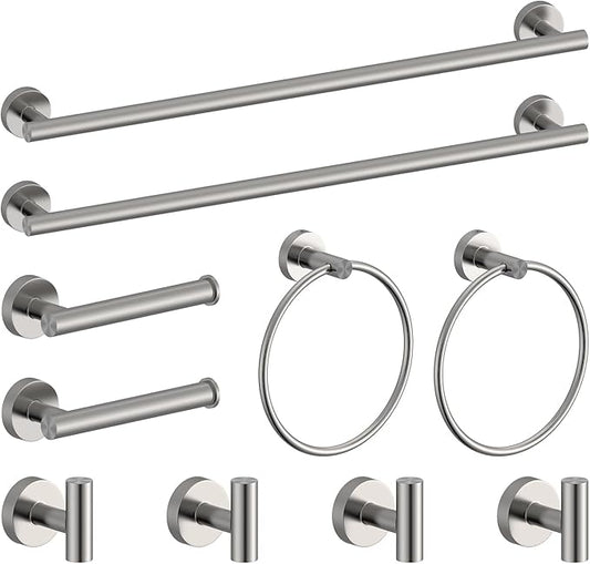 Brushed Ncikel Bathroom Hardware Set 10 Pieces, Stainless Steel Towel Bar Set Includes 26 inch Towel Bar, 4 Towel Hook, 2 Towel Ring Toilet Paper Holder