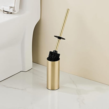 Toilet Brush and Holder Set, NEWRAIN 304 Stainless Steel Toilet Brush with Long Brush Handle, Brushed Gold Toilet Scrubber and Covered Holder, Round Design Sturdy and Space Saving, Covered Brush