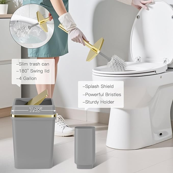 9PCS Bathroom Accessory Set, Grey Bathroom Set with Large-Capacity 4 Gallon Trash Can, Bathroom Accessories Set Complete, Toothbrush Holder, Soap Dispenser, Toilet Brush, Bathroom Decor