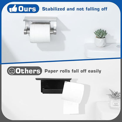 Alise Toilet Paper Holder,Double Post Paper Holder SUS304 Stainless Steel Toilet Paper Roll Holder with Shelf Spring Loaded Tissue Holder (Adhesive or Screw),Brushed Nickel