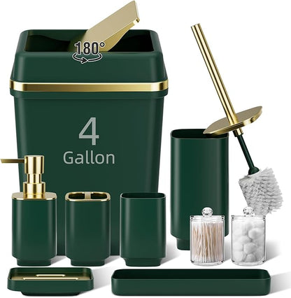 9PCS Bathroom Accessory Set, Dark Green Bathroom Set with Large-Capacity 4 Gallon Trash Can, Bathroom Accessories Set Complete, Toothbrush Holder, Soap Dispenser, Toilet Brush, Bathroom Decor
