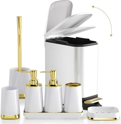 Bathroom Accessories Set- 8PC White Bathroom Set, Luxury Bathroom Set with Stainless Steel Bathroom Trash Can, Toilet Brush, Toothbrush Holder & Soap Dispenser