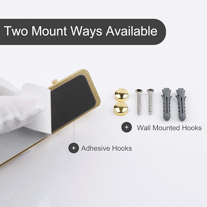 3 Gold Wall Hooks, Brushed Gold Bathroom Hook Rail, Self Adhesive Key Hook Rack Hanger Towel Robe Stick Hooks for Toilet Entryway Hallway Kitchen Wall Mounted