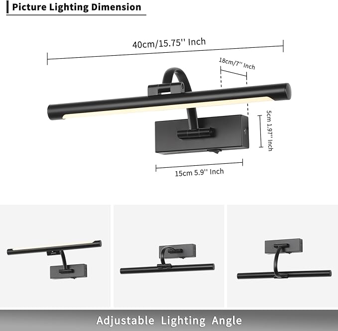 Picture Lights Battery Operated with Remote and Dimmable Function, Rechargeable Gallery Light Black Art Light Wireless Painting Lights 16'' Inch for Display, Portrait, Artwork, Warm White