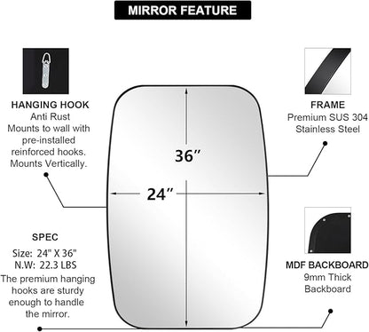 ANDY STAR Black Oval Mirrors for Bathroom, Large 24x36’’ Matte Black Metal Framed Oblong Wall Mirror, Modern Black Vanity Mirror in Stainless Steel Frame Wall Mount Horizontal or Vertical