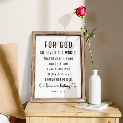 Christian Wooden Sign, Living Room Decors, Bible Verse Decor, Rustic Home Decor, Religious Artwork for Wall, Framed Wall Plaque Sign 15 * 11.5 inches, For God So Loved the World