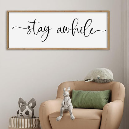 SRSZHIYUE Stay Awhile Sign Wall Decor Art 40"×15" Home Entryway Hallway Signs Large Wood Framed Wall Hanging (Wood)