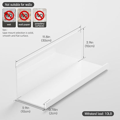 Acrylic Wall Floating Shelves Set of 2, Wall Shelves White 12 Inch Adhesive Wall Organizer Adhesive Shelf for Bathroom, Kitchen, Bedroom, Office, Gaming Room, No Damage, No Drill